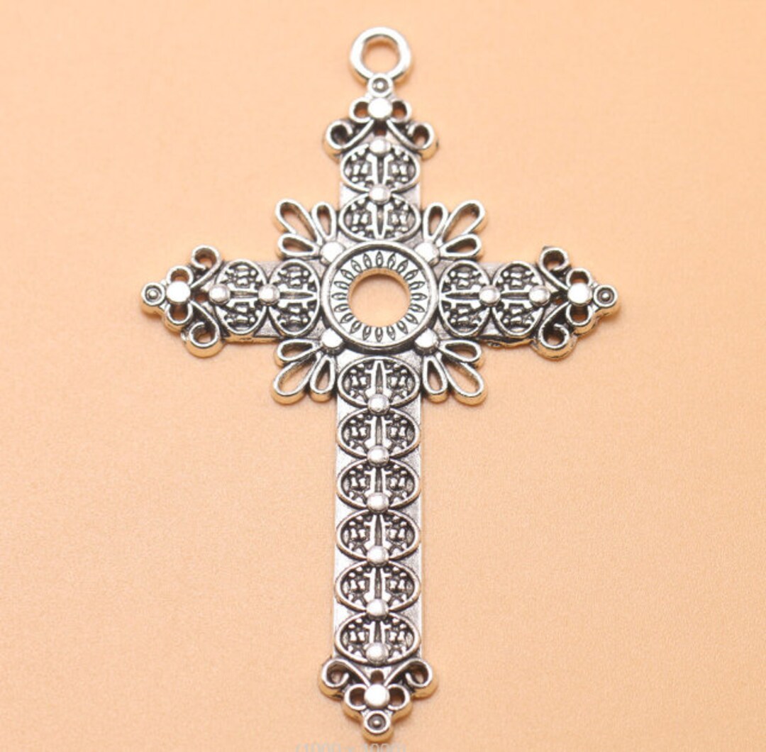 New Come--10pcs 76x49mm Antiqued Silver Filigree CROSS Round