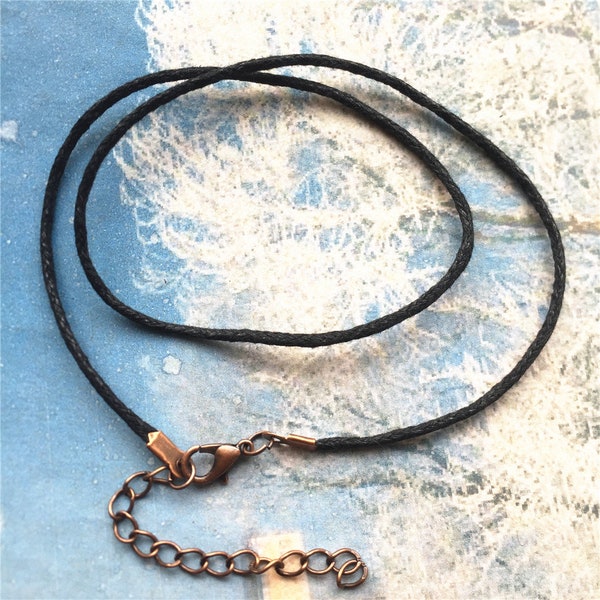 Antiqued copper finish-15pcs 12-28 inch adjustable 1.5mm Black Waxed cotton necklace cords with lobster clasps and extention chains