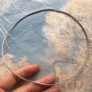 Peut inclure: Un collier ras du cou argenté au design minimaliste. Le collier est composé d'un fil fin et souple et comporte un petit fermoir cylindrique. Le collier est présenté sur un fond bleu et blanc.