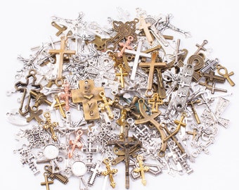 200 gram antiqued silver/antiqued bronze assorted cross/crucifix Charms Findings--cross collections