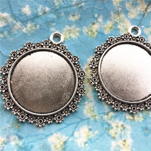 5pcs 42.5mm antiqued silver daisy flower edge round bezel base metal setting pendants(fit 30mm cabochons)