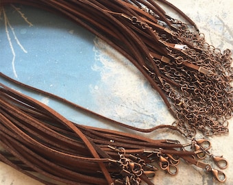 Antiqued copper finish-15pcs 12-24 inch adjustable 3x1.5mm flat dark brown suede necklace cords with lobster clasps and extention chains