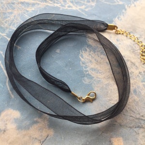 Black new handmade 10pcs 12-24 inch adjustable 10mm width 2 voile organza ribbon necklace cords with Bright gold lobster clasps
