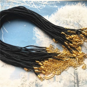 15pcs 12-24 inch adjustable 1.5mm black waxed cotton necklace cords with bright gold lobster clasps