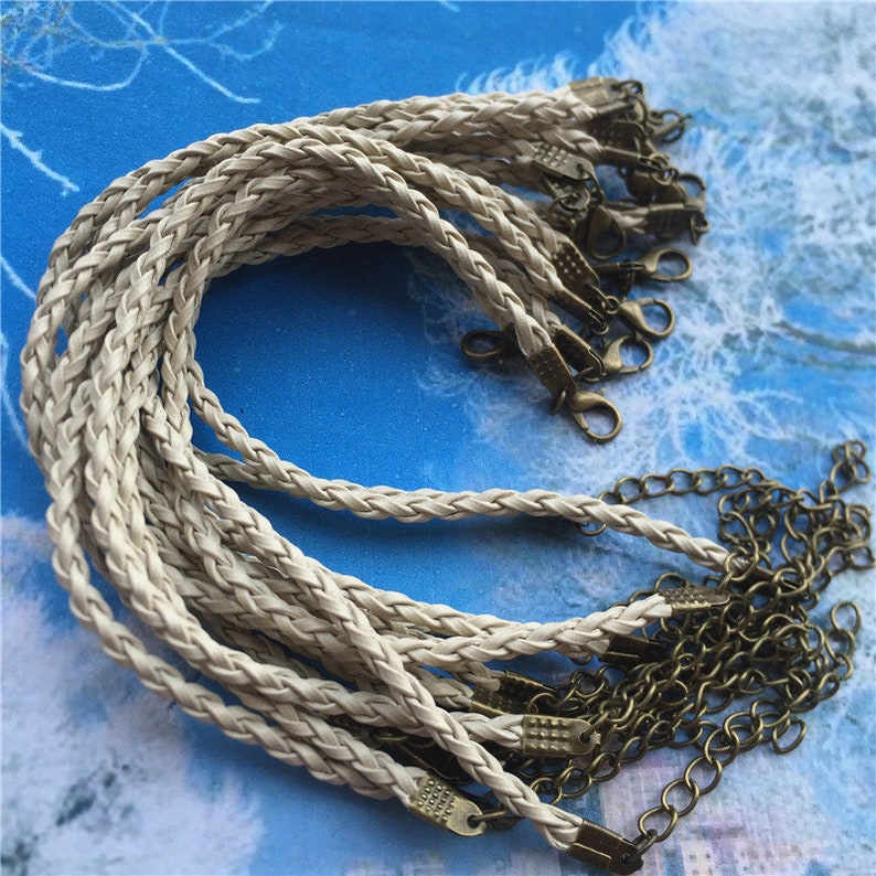 15pcs 7-9 inch adjustable 3mm thickness cream braided leather bracelet cords with Antiqued bronze lobster clasps image 1