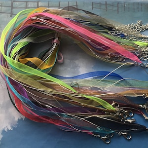5 stks 12-24 inch verstelbaar voile organza lint met zilveren koord ketting koorden met kleine afwerking-meer dan 20 kleuren om te kiezen