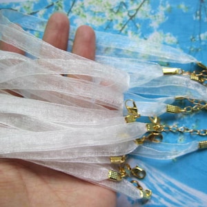 gold plated finish-WHITE-- new handmade 5pcs 12-24 inch adjustable 7mm width 2 voile organza ribbon necklace cords with lobster clasps
