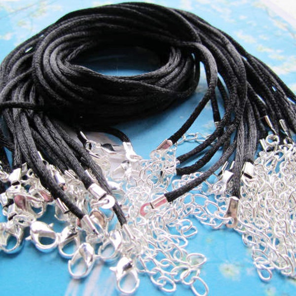 15pcs 12-28 inch for your choose inch adjustable 2mm black satin necklace cords with silver plated lobster clasps