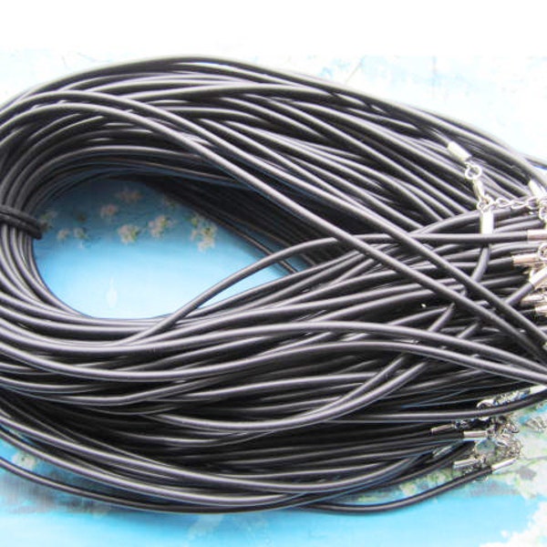 NEW STAINLESS FINISH--high quality 15pcs 12-30 inch adjustable 3mm black rubber necklace cords/lobster clasps