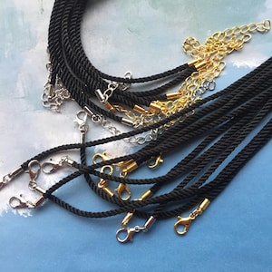 5pcs 12-28 inch adjustable 2.5mm Black Braided soft silk necklace cords with white k silver/gold/antiqued bronze finish