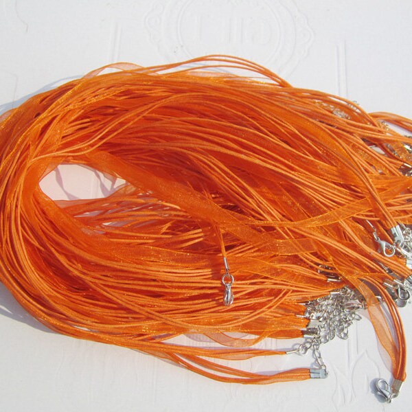 15pcs 18-20 pouces réglable orange organza ruban collier cordons avec k fermoirs de homard blanc