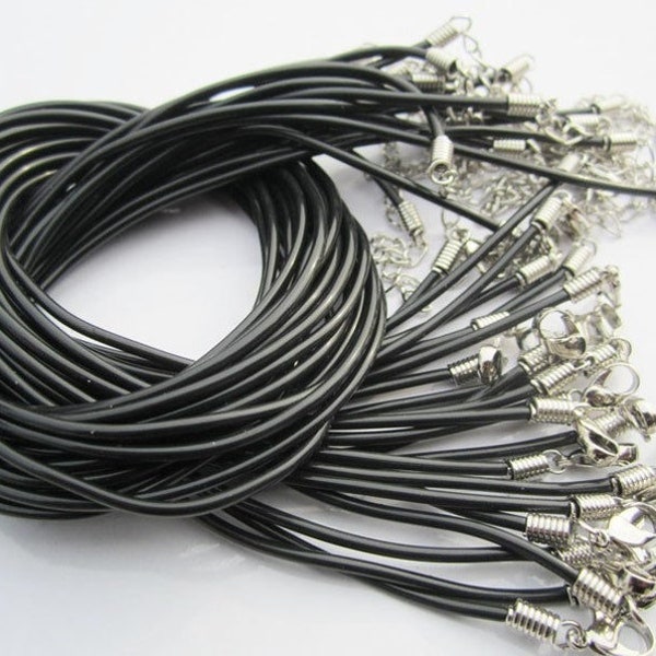 15pcs 12-30 inch adjustable for your choose 2mm black shiny smooth rubber necklace cords with lobster clasps and extender