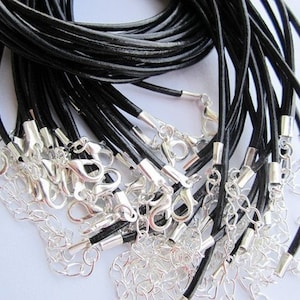 high quality 30pcs 12-24 inch adjustable for your choose 2mm black genuine leather necklace cords with SILVER PLATED lobster clasps