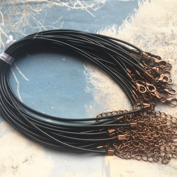 Antiqued copper finish-15pcs 12-24 inch adjustable 2.0mm Black korea wax snake necklace cords with lobster clasps and extention chains