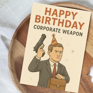 Carte d'anniversaire avec arme d'entreprise - Carte d'affaires amusante dessinée à la main - Carte de voeux d'anniversaire professionnelle et amusante