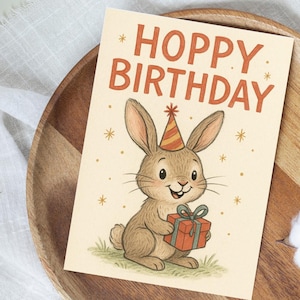 Hoppy Birthday Card – Cute Hand-Drawn Bunny Birthday Greeting with Gift – Funny Animal Pun Card for Kids or Adults