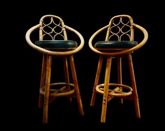 Pair of Vintage Rattan Bentwood Swivel Barstools