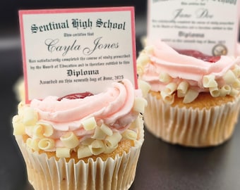 Può includere: Due cupcake rosa e bianchi con riccioli di cioccolato bianco in cima. Un cupcake ha un diploma di laurea in cima che recita "Sentinal High School" e "Cayla Jones". Il diploma recita "Questo certifica che... Concesso il settimo giorno di giugno 2025".