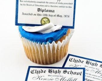 Personalized Graduation Diploma Cupcake Toppers, Graduation Party Favor Images for Cupcakes,  24 Edible Wafer Paper Images