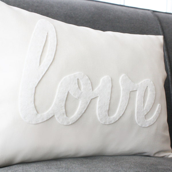 Love Pillow, Decorative Pillow, White Love Pillow, White on White Pillow, White Calligraphy Pillow, Gender Neutral Kids Decoration
