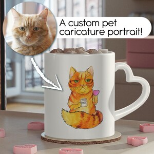 Custom Pet Caricature Mug with Heart Handle, Heart-Shaped Mug, Personalized Cartoon Portrait of Your Dog or Cat