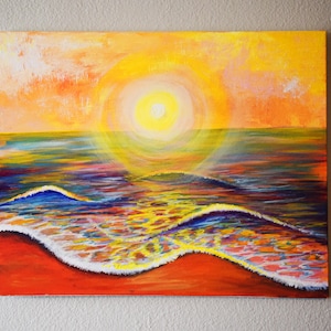 Inner Light – Vibrant Ocean Sunset Painting on Canvas, Inspirational Wall Art, Beach Decor, Original Acrylic Seascape