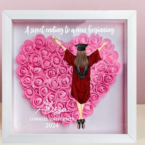 May include: A white frame with a pink heart-shaped arrangement of artificial roses. A graduate in a red gown and cap is standing in the center of the heart. The text "A sweet ending to a new beginning" is at the top of the frame. The name "Alyssa" is written below the heart, followed by "Cornell University 2024".