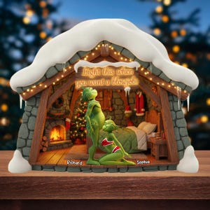 May include: A Christmas-themed figurine depicting a green character in a house with snow on the roof. The figurine has a text that reads "Light this when you want a blowjob". The names "Richard" and "Sophia" are also visible.