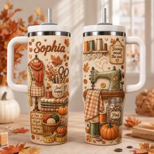 Personalized Sewing Tumbler 40oz, Custom Sewing Machine Cup, Seamstress Gift, Quilter Gift, Fall Craft Tumbler