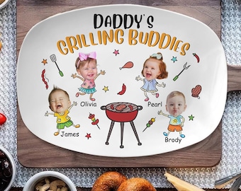 Personalized Daddy's Grilling Plate with Kid's Photos and Names, Custom Platter Gift for Dad, Grandpa, Father's Day Gift, Keepsake