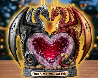Personalized Dragon Couple Heart Acrylic Light Box, Fantasy Dragon Lovers LED Decor, Anniversary Gift for Boyfriend Girlfriend, Romantic