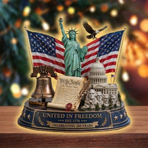 May include: A patriotic sculpture featuring the Statue of Liberty, American flags, the Liberty Bell, the Capitol Building, and Mount Rushmore. The base reads "UNITED IN FREEDOM" and "CELEBRATING 250 YEARS". The sculpture includes the text "We the People".
