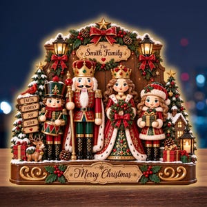 May include: A decorative Christmas tabletop display featuring a nutcracker family, a drummer, and a child holding a gift. The wooden structure includes illuminated lanterns, pine branches, and signs reading The Smith Family, Faith, Family, Joy, Love, and Merry Christmas.
