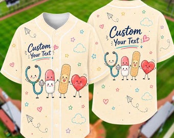 Gepersonaliseerde honkbaltrui schoolverpleegkundige doodles, aangepaste honkbalt-shirt terug naar school, aangepaste naam medische jersey, cadeau verpleegkundige waardering