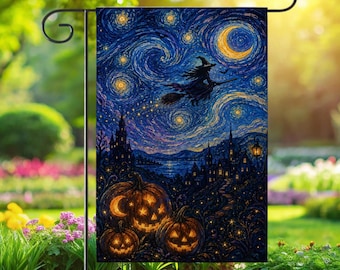 Gepersonaliseerde Halloween-tuinvlag, tuinbanner met pompoen en heksenmotief en sterrenhemel, griezelige cottage-tuindecoratie