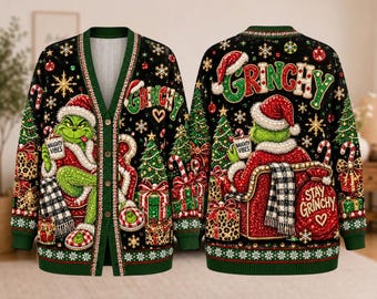 Custom Green Christmas Knitted Cardigan, Funny Holiday Sweater, Green Gift, Christmas Gift, Green Lover Gift