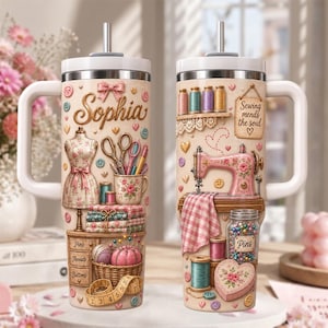 Personalized Sewing Tumbler 40oz, Custom Sewing Name Cup With Handle, Quilter Gift, Seamstress Travel Mug, Sewing Lover Gift