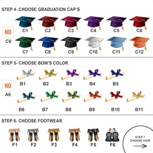 May include: A chart with different graduation cap, bow, and footwear options. The chart is labeled "Step 4 - Choose Graduation Cap's", "Step 5 - Choose Bow's Color", and "Step 6 - Choose Footwear".