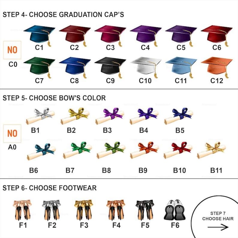 May include: A chart with different graduation cap, bow, and footwear options. The chart is labeled "Step 4 - Choose Graduation Cap's", "Step 5 - Choose Bow's Color", and "Step 6 - Choose Footwear".