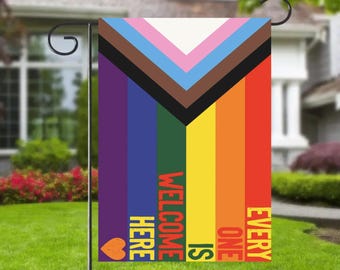 Everyone Is Welcome Here Garden Flag, Progress Pride LGBT Garden Flag, Inclusive Outdoor Decor, Lgbtq+ Flag, LGBTQ Pride Flag for Yard