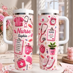 Personalized Nurse Tumbler 40oz, Custom Nurse Name Cup With Handle, Cute Nursing School Tumbler, Nurse Appreciation Gift