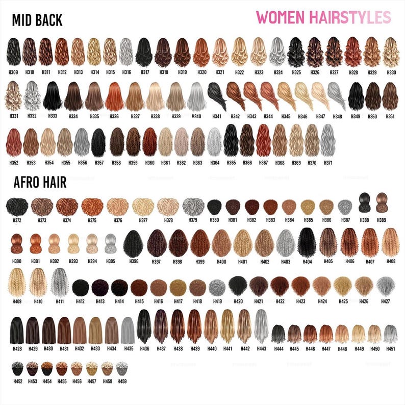 May include: A chart of 59 different women's hairstyles, with labels for each style. The hairstyles are categorized as "Mid Back" and "Afro Hair".