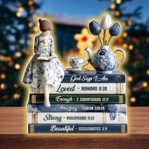 Puede incluir: Una figura de porcelana de una mujer con un vestido azul y blanco sentada sobre una pila de libros. Los libros tienen títulos como "Dios dice que soy" y "Amado". También hay una tetera con tulipanes azules y una taza de té. El tema es inspirador.