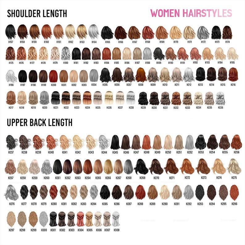 May include: A chart of 38 different women's hairstyles, with each hairstyle numbered. The hairstyles are divided into two categories: shoulder length and upper back length. The chart is a helpful tool for choosing a new hairstyle.