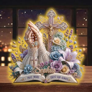 May include: A digital illustration featuring a rosary held by hands, a cross, and an open book with the words "PRAY MORE" and "TRUST GOD ALWAYS". The image includes flowers and the name "Sophia". The background shows a window with a city at night.