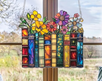 Blumenbuch Acryl Suncatcher Fensterbehang, Buchclub Liebhaber Geschenk, Bücherwurm Bibliothek Dekor, Bibliothek Buch Acryl Dekor Haus, Geschenk für sie