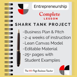 May include: A spiral-bound notebook featuring the text Entrepreneurship Complete Lesson SHARK TANK PROJECT, Business Plan & Pitch, 2-4 weeks of instruction, Lean Canvas Model, Editable Material, 25+ pages with Student Examples, and a black pen.