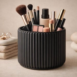 May include: A black, ribbed cylindrical container filled with makeup brushes, lipsticks, and other beauty products. The container sits on a neutral surface, with a stack of folded towels and decorative stones nearby.