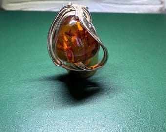 Vintage Sterling Silver and Genuine Baltic Amber Contemporary Style hallmarked Pendant / Brooch 14g