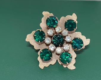Vintage MCM Gold tone clear & green rhinestone flower brooch 1960s pin